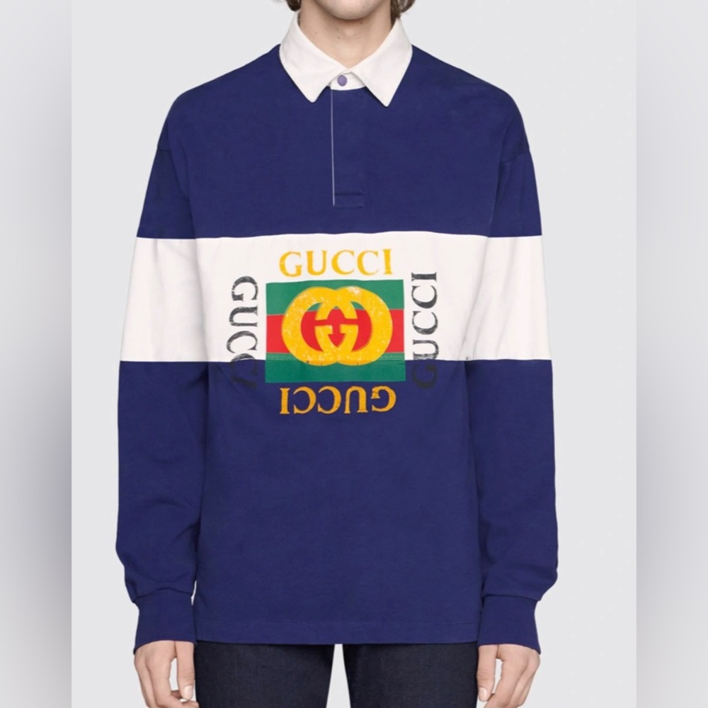 Gucci Mens Rugby Blue Polo Logo Long Sleeve T Shirt Sz M - Picture 2 of 9